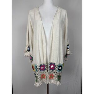 Umgee Crochet Trim‎ Kimono Women Medium Cream Boho Linen Blend Cardigan